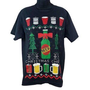 Christmas Cheers Ugly Christmas T-Shirt Large Beer Theme Black Holiday Fun